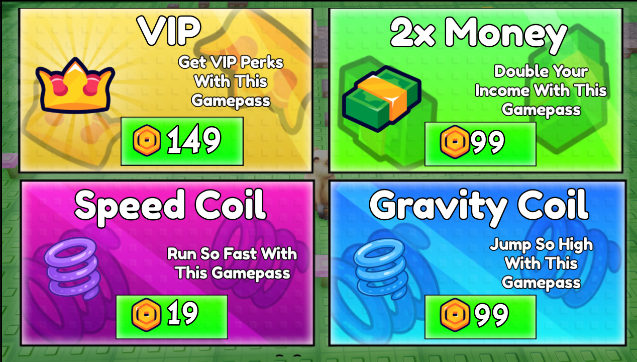 All gamepasses in Survive LAVA for Brainrots - VIP, 2x Money, Speed Coil, Gravity Coil