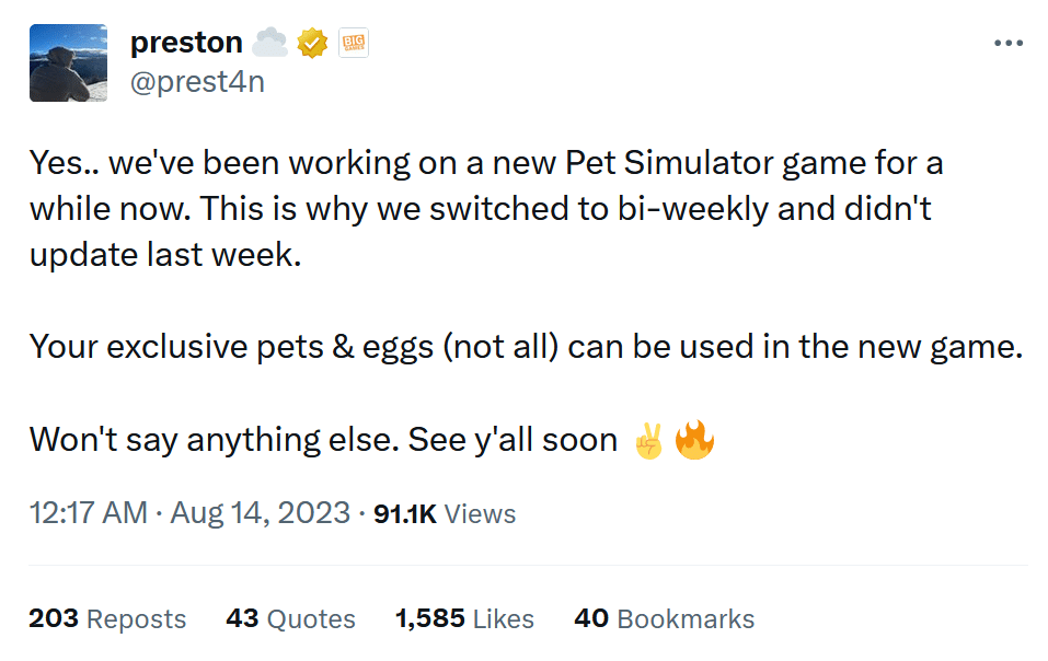 BIG Games on X: OUR SITE IS LIVE! 🥳 Read about the future of Pet  Simulator and the planned sequel on our first blog post! The future is  looking very exciting.